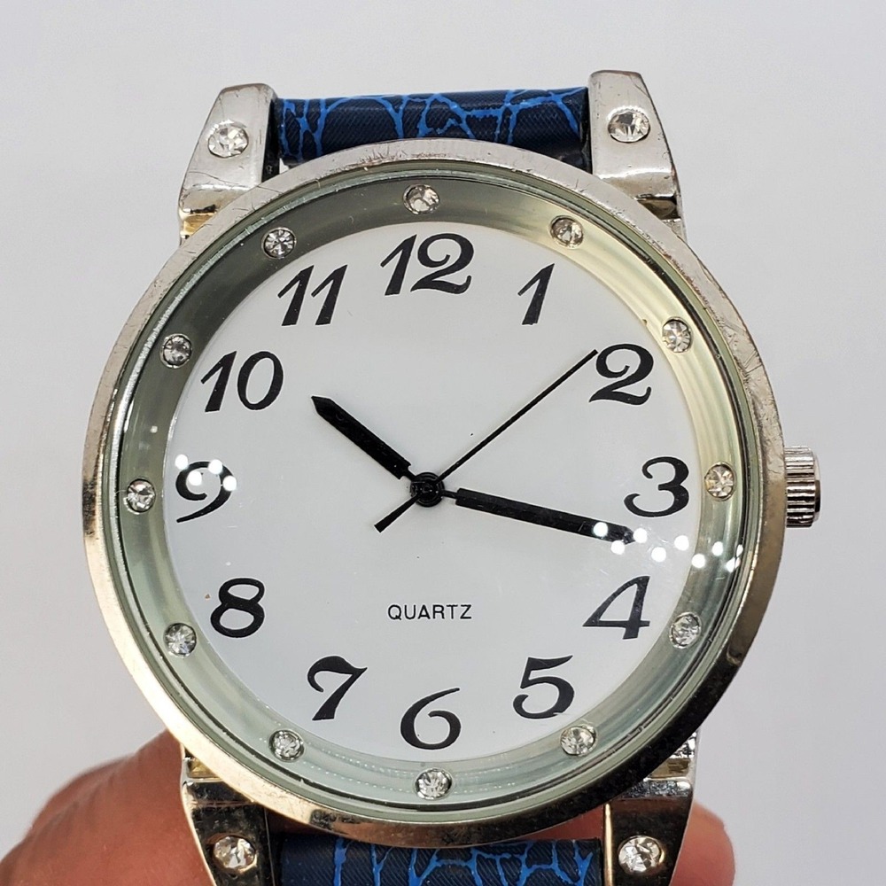 Women's Watch 42MM Gray Case White Dial Blue Leather Band Straps New Battery